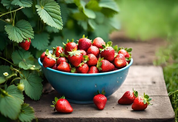 un cuenco azul de fresas con hojas verdes en una mesa de madera