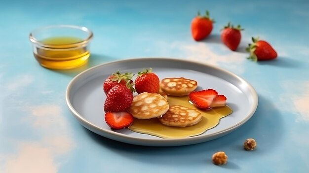 Cuenco azul con panqueque pequeño de cereales con fresas y jarabe de arce en una tabla de mármol