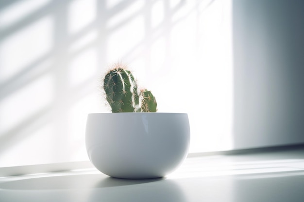 Un cuenco blanco con un cactus que está sobre una mesa.