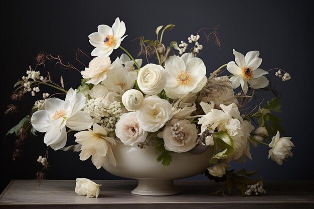 un cuenco blanco con flores en una mesa