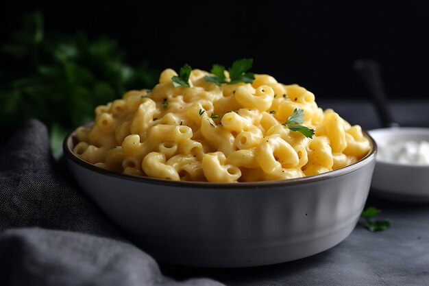 Un cuenco blanco de un hermoso mac y queso capturado desde el frente ai generado