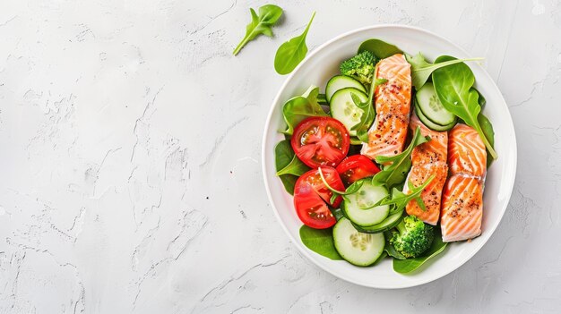 Un cuenco blanco lleno de una colorida ensalada de salmón y verduras crujientes