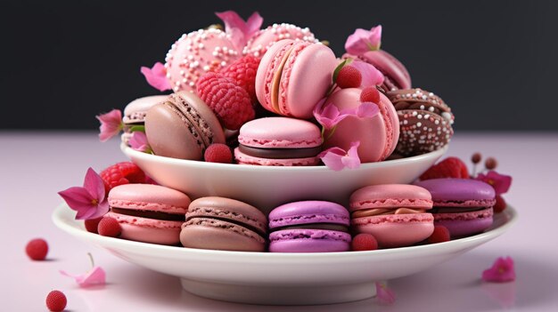 Un cuenco blanco lleno de muchos macarons de diferentes colores Imagen ficticia