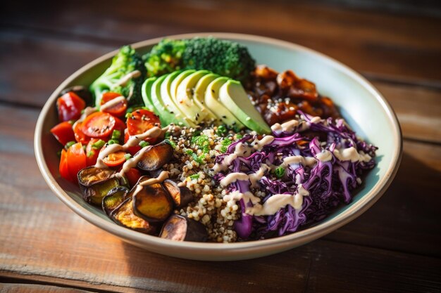 Un cuenco de Buda colorido lleno de quinoa, verduras asadas, rebanadas de aguacate y una llovizna de tahi.