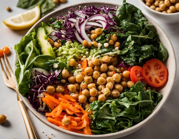 Cuenco de budo vegetariano con ensalada de verduras frescas y garbanzos