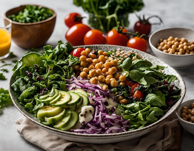 Cuenco de budo vegetariano con ensalada de verduras frescas y garbanzos