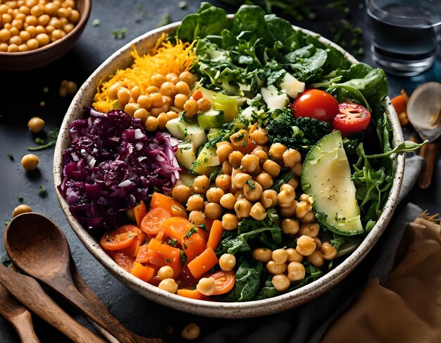 Cuenco de budo vegetariano con ensalada de verduras frescas y garbanzos