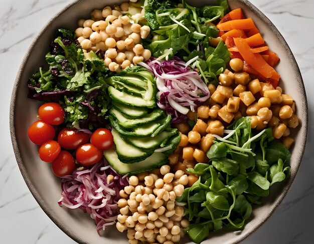 Cuenco de budo vegetariano con ensalada de verduras frescas y garbanzos