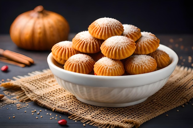 Un cuenco de calabazas con una calabaza al lado.