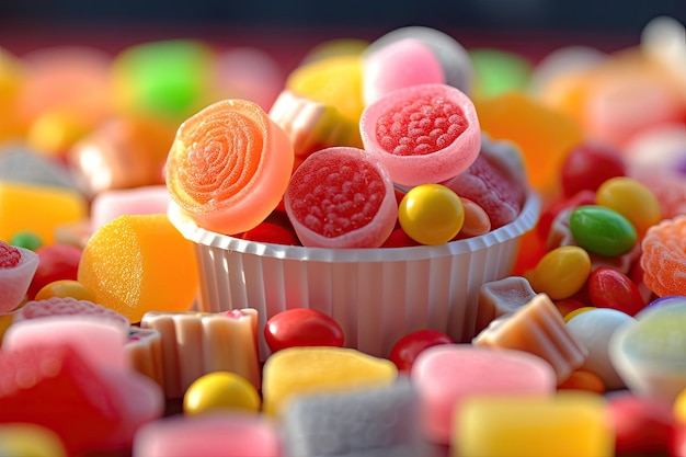 Un cuenco de caramelos de colores está lleno de caramelos.