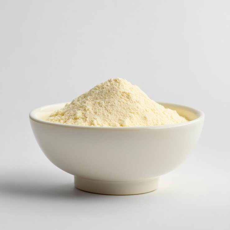 Un cuenco de cerámica blanca que contiene un delicado polvo de leche de soja amarillento vista delantera fotografía comercial
