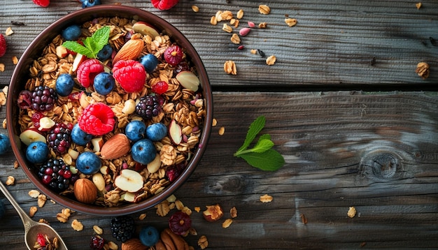 un cuenco de cereales, arándanos y almendras están en una mesa de madera