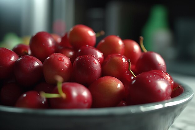 Un cuenco de cerezas con gotitas de agua en el borde