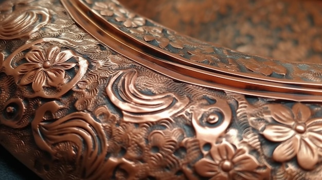 Un cuenco de cobre con un diseño floral.