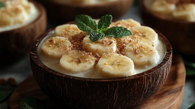 Cuenco de coco con crema de plátano y coco tostado