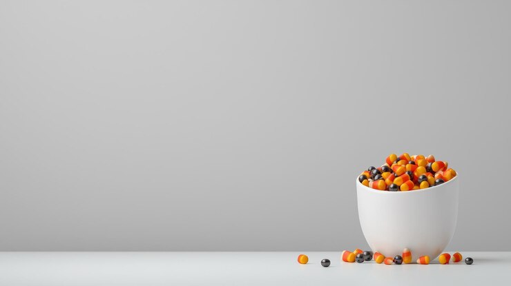Un cuenco colorido de frutas variadas en una superficie blanca contra un fondo gris