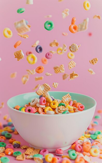 Un cuenco colorido lleno de cereales y salpicaduras creando un capricho y delicioso desayuno