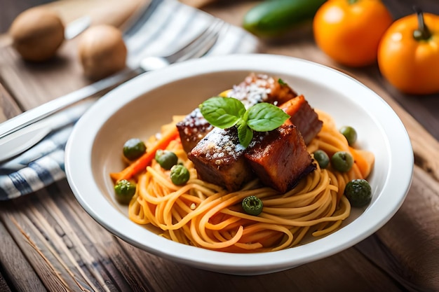 un cuenco de comida con carne, verduras y verduras en él.