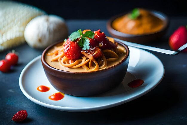 un cuenco de comida con fresas y una cuchara en un plato.