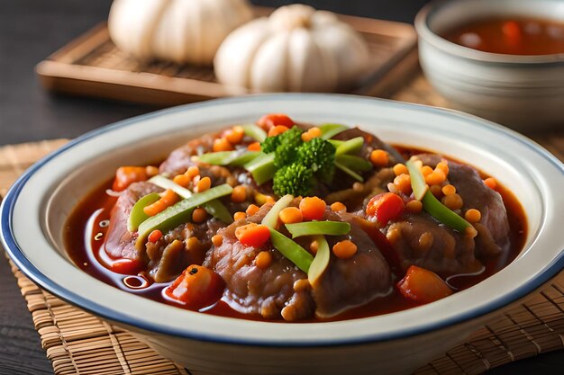 un cuenco de comida con frijoles y verduras en una mesa.