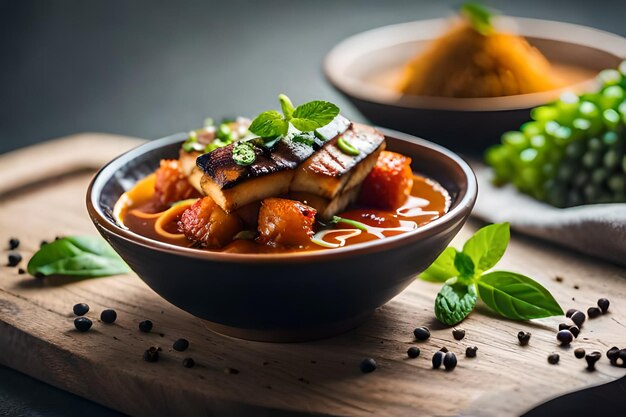 Foto un cuenco de comida con un plato de comida que dice fideos