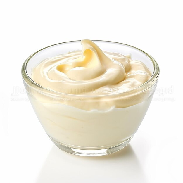 un cuenco de cristal de crema de queso crema con un fondo blanco.