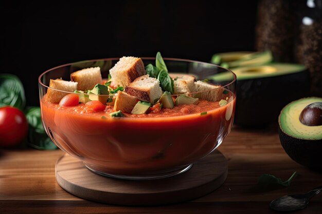 Cuenco de cristal lleno de gazpacho adornado con picatostes y rodajas de aguacate