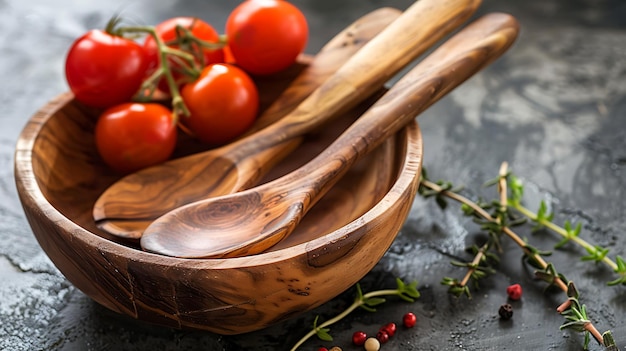 Foto cuenco y cucharas de madera rústica con tomates frescos y especias sobre un fondo oscuro