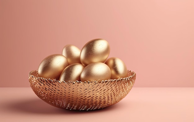 Foto un cuenco dorado de huevos sobre un fondo rosa.