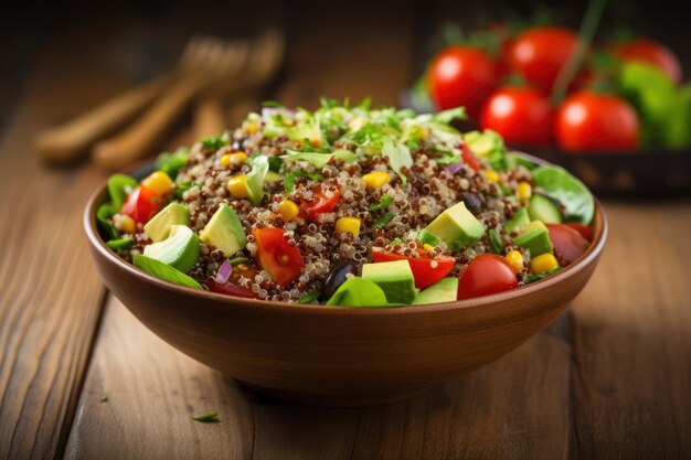 Cuenco de ensalada de quinoa contra una mesa de madera