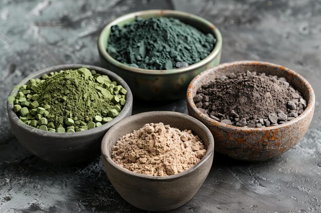 un cuenco de especias de diferentes colores se sienta en una mesa