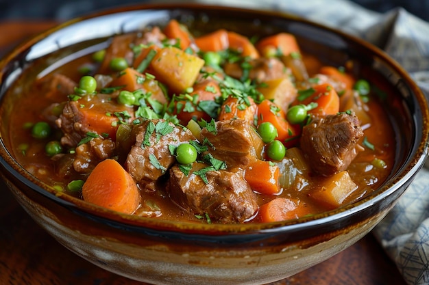 Cuenco de estofado de cordero irlandés con zanahorias guisantes y carne