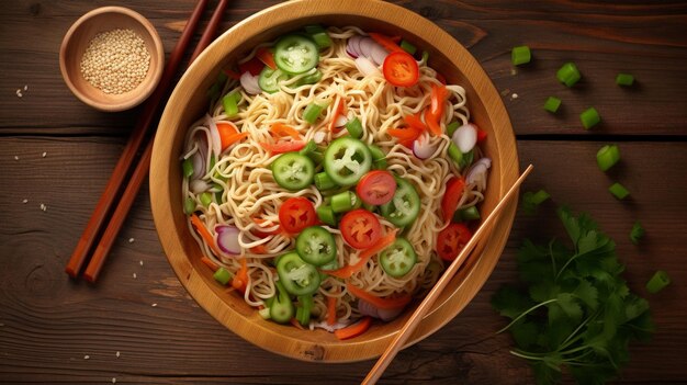 cuenco de fideos chinos tradicionales con verduras