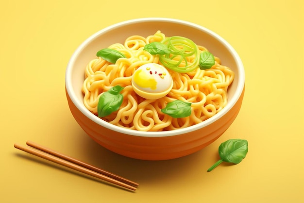 un cuenco de fideos con un fondo amarillo con un fondo Amarillo.