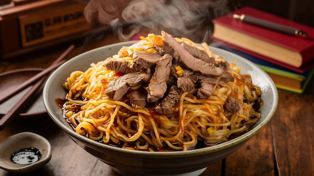 Un cuenco de fideos fritos con carne de res en una mesa de madera.