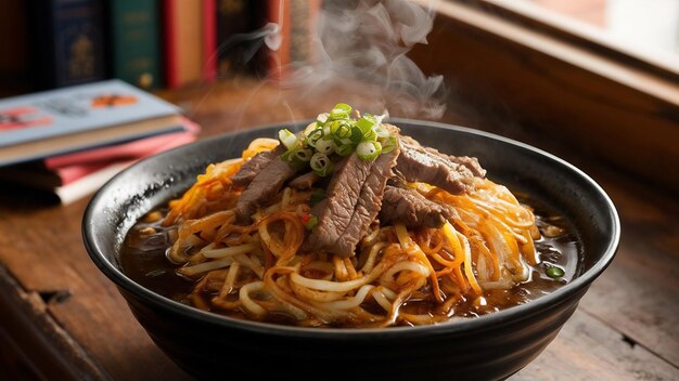 Foto un cuenco de fideos fritos con carne de res en una mesa de madera.