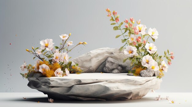 un cuenco de flores con flores blancas y rosas en él