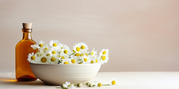 Cuenco con flores de manzanilla y botella de aceite esencial sobre fondo claro IA generativa