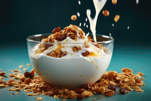 Un cuenco de fondo colorido con nueces de yogur y deliciosa granola