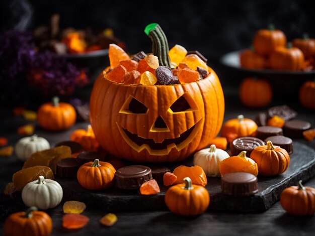 Cuenco en forma de calabaza con dulces de Halloween