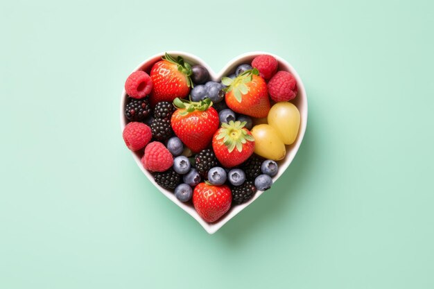 Foto un cuenco en forma de corazón lleno de fruta fresca concepto de alimentación y dieta saludable