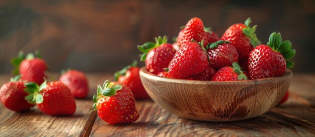 Un cuenco de fresas en una mesa de madera