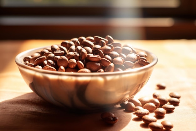 Un cuenco de frijoles en una mesa de madera