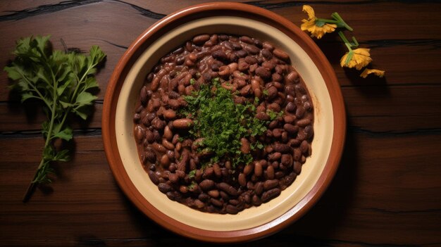 Foto un cuenco de frijoles con un ramo de flores en él