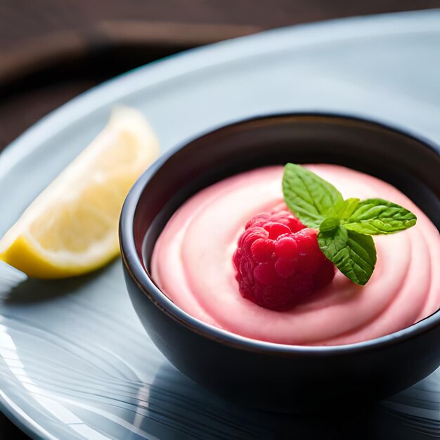 Un cuenco de fruta rosa con una hoja de menta encima.