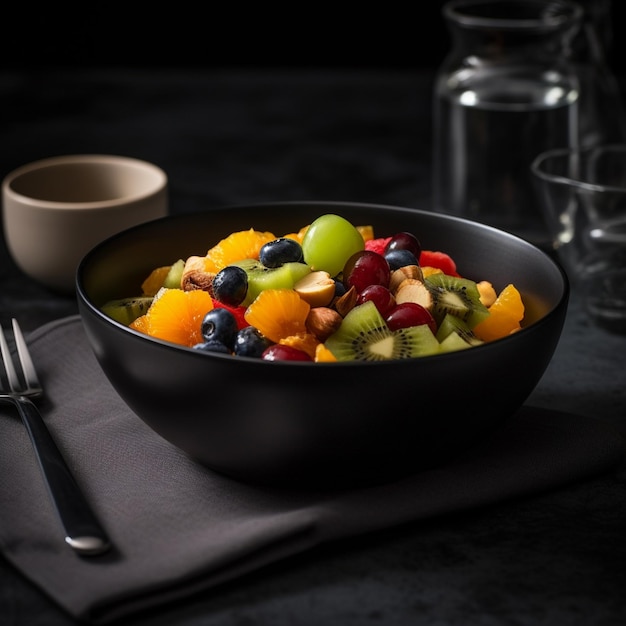 Foto un cuenco de fruta con un tenedor y un vaso a un lado.