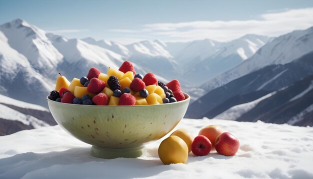Foto un cuenco de frutas frescas en el fondo de las montañas nevadas