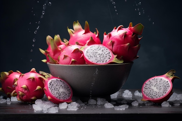 Cuenco de frutas con frutas del dragón bañadas