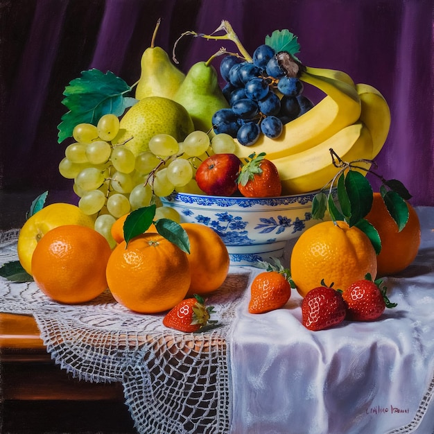 un cuenco de frutas se sienta en una mesa con un cueno de frutas