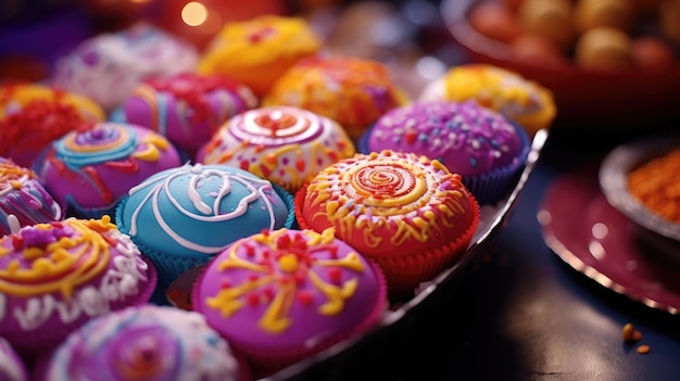 Un cuenco de galletas decorado con colores en la mesa de Holi